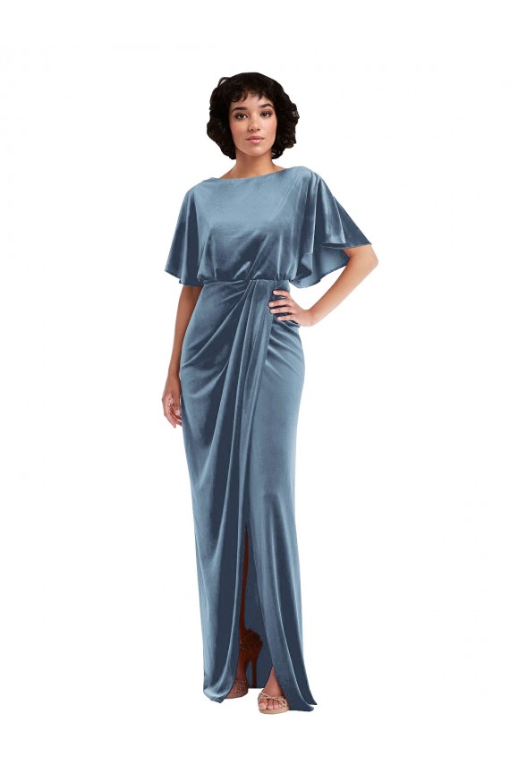Outlet Flutter Sleeve Open Back Velvet Maxi Bridesmaid Dress / Prom Dress with Draped Wrap Skirt UK