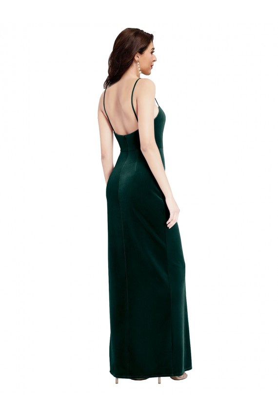 Outlet Straight Neckline Spaghetti Straps Long Velvet Bridesmaid Dress / Prom Dress with High Side Slit UK