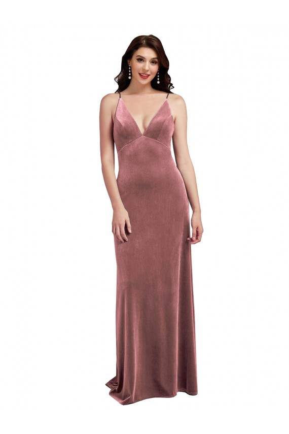 Outlet Low Scoop Back Long V-Neck Formal Velvet Slip Bridesmaid Dress / Prom Dress UK