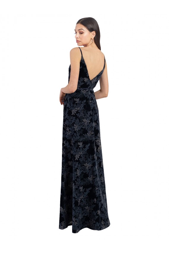 Outlet Floral Velvet Surplice V-Neck Long Bridesmaid Dress with V-Back UK