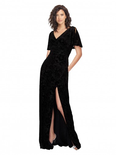 Outlet Split Sleeves V-Neck Floral Velvet Bridesmaid Dress with Front Slit UK