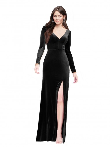 Outlet Long Sleeves Formal Velvet Bridesmaid Dress / Prom Dress with V-Neckline and Thigh Slit UK