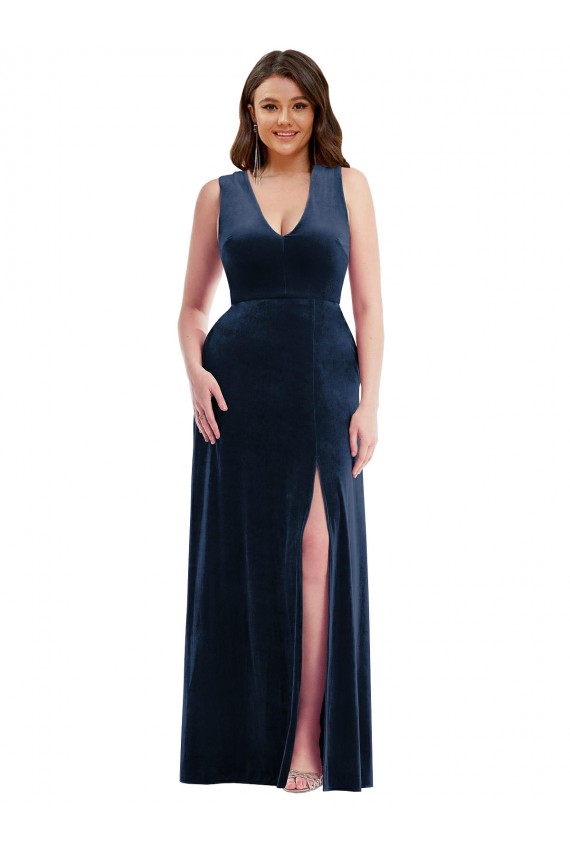 Outlet Deep V-Neck Sleeveless Formal Velvet Maxi Bridesmaid Dress / Prom Dress with Pockets UK