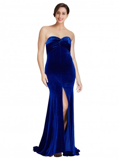 Outlet Strapless Ruched Formal Velvet Bridesmaid Dress / Prom Dress with Sweep Train and Front Slit UK