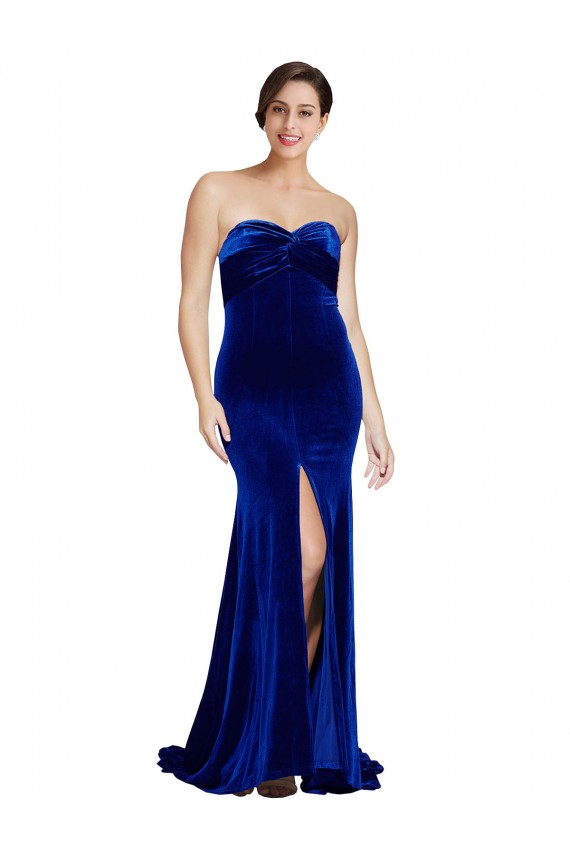 Outlet Strapless Ruched Formal Velvet Bridesmaid Dress / Prom Dress with Sweep Train and Front Slit UK