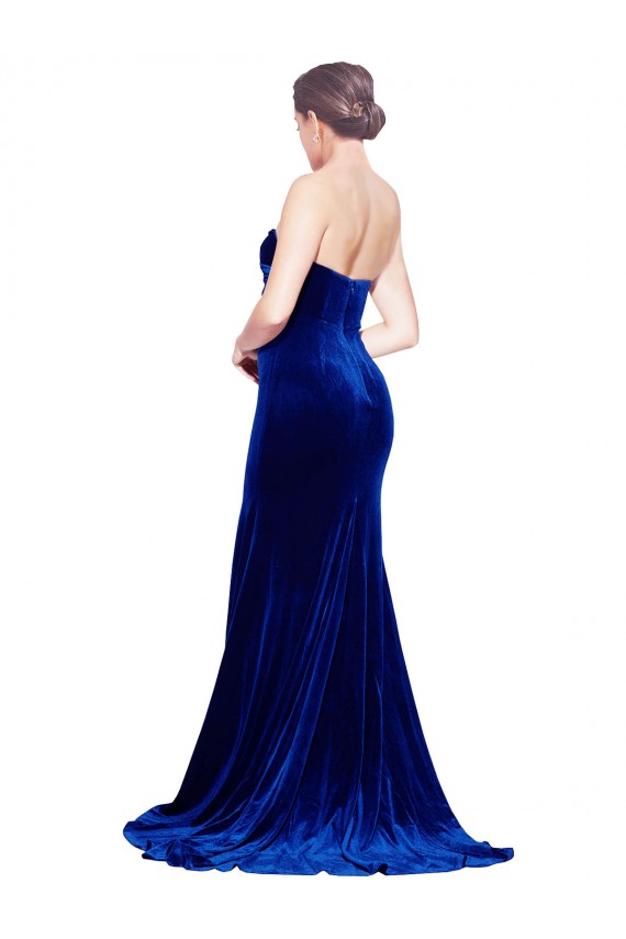Outlet Strapless Ruched Formal Velvet Bridesmaid Dress / Prom Dress with Sweep Train and Front Slit UK