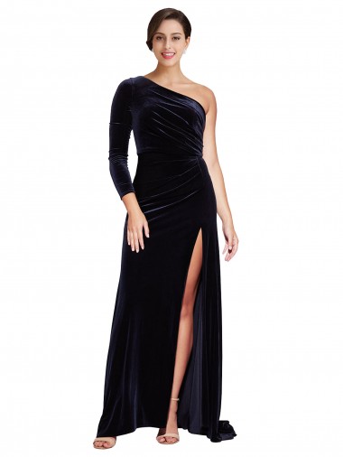 Outlet One Sleeve Long Formal Velvet Bridesmaid Dress / Prom Dress with Thigh High Split UK