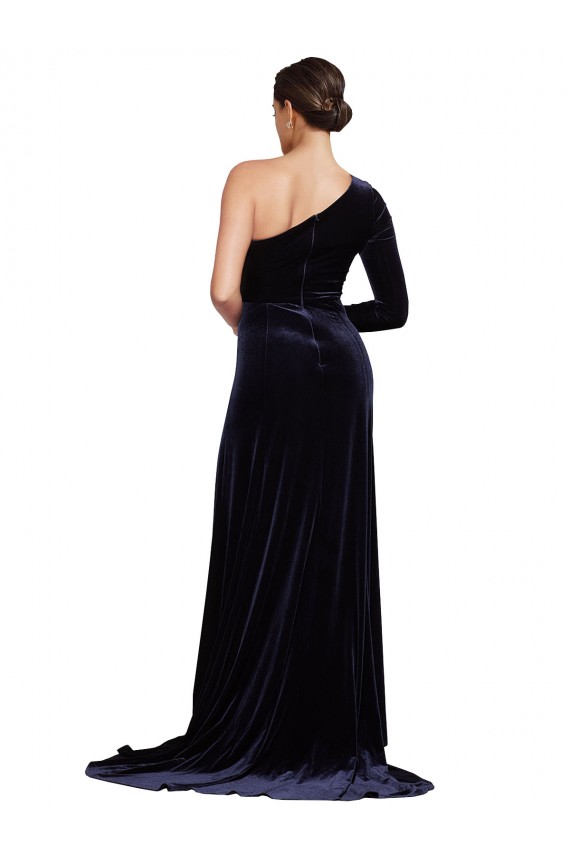 Outlet One Sleeve Long Formal Velvet Bridesmaid Dress / Prom Dress with Thigh High Split UK