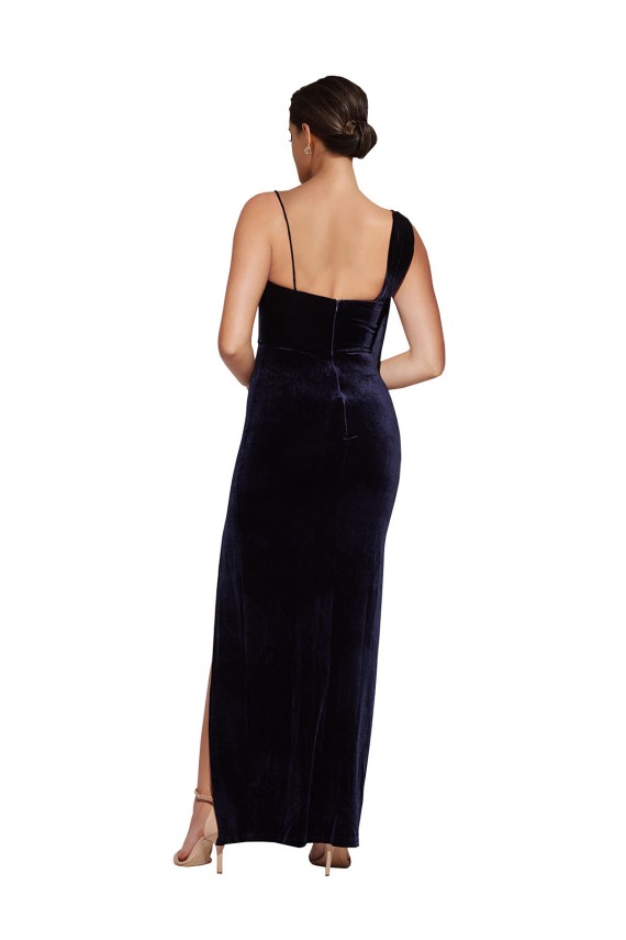 Outlet Long Formal Velvet Bridesmaid Dress / Prom Dress with Side Thigh Split and Shoulder Tie UK