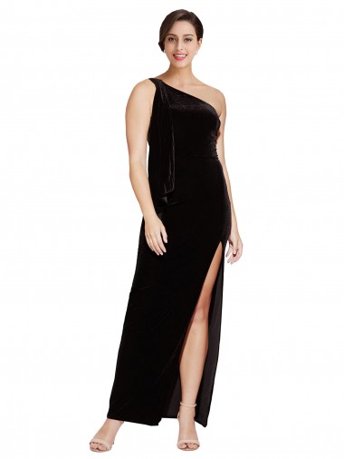 Outlet One Shoulder Long Formal Velvet Bridesmaid Dress / Prom Dress with Side Split and Shoulder Tie UK