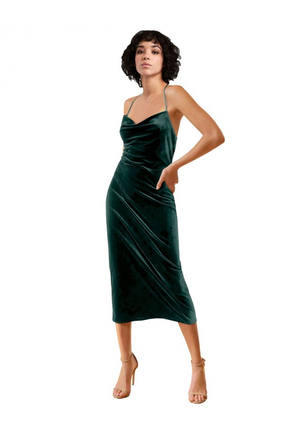 Outlet Midi Cocktail Length Sleek Cowl Neckline Short Formal Velvet Bridesmaid Dress / Prom Dress UK