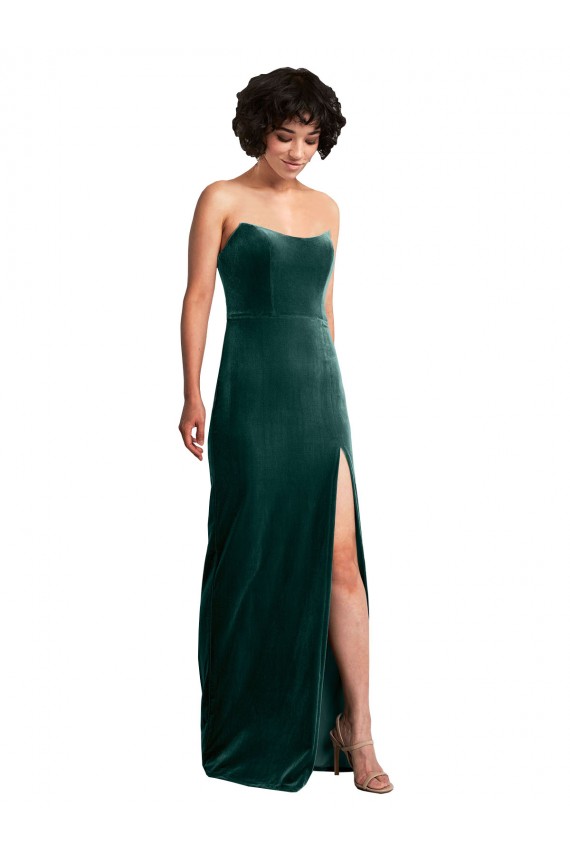 Outlet Scooped Strapless Long Formal Velvet Bridesmaid Dress / Prom Dress with Daring Side Slit UK